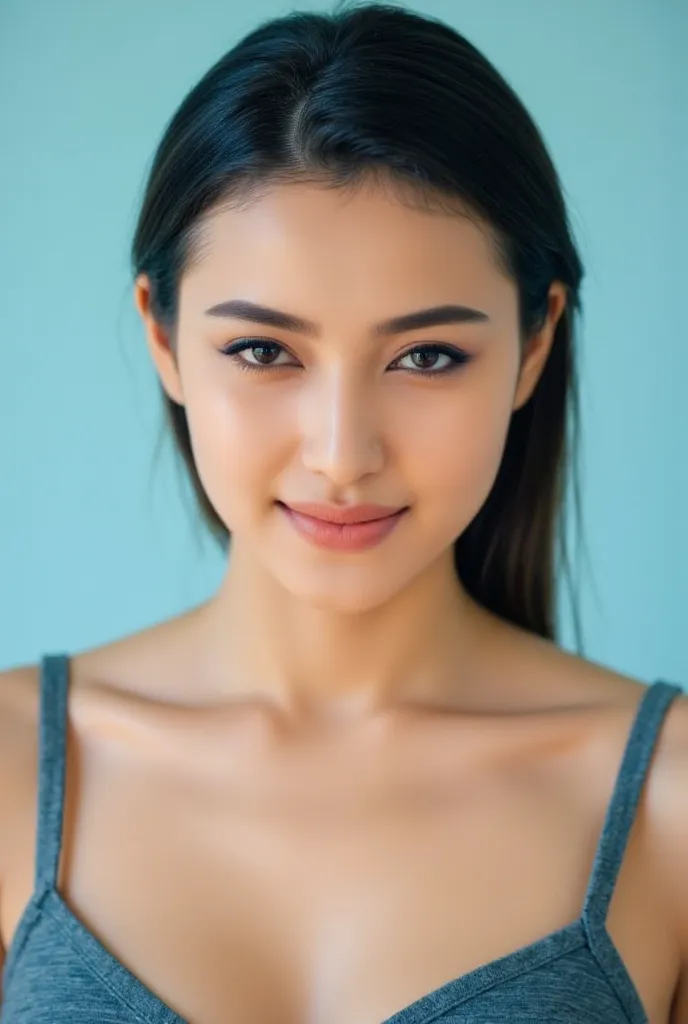 Close up portrait of sexy and beautiful woman, light blue pastel background, smirking, up close portrait that captures viewers attention, asian, realistic skin and face, realistic face, seductive