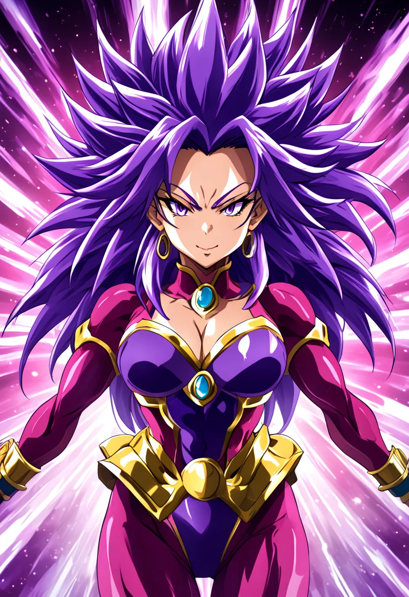 Super Saiyan 4 Female, Purple Fur, Surrounded By Rainbow Aura, Busty