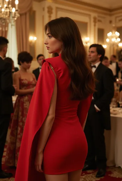 Young sweet brunette girl facing away at an elegant and fancy party wearing a red dress and a red coat