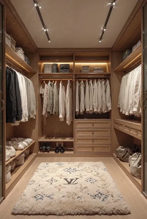 A room in the house with a luxurious closet, dentro do closet sweats da Off-whie, Balenciaga and denim tears. On the floor a Louis Vuitton carpet.

