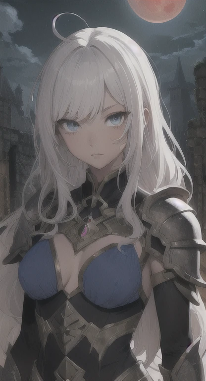 Lost era, Prehistoric princess, blood moon night, dark spawn, Nayla, white hair, sapphire blue eyes, looking at viewer, long messy hair, lore accurate, armor, ancient Castle ruins,