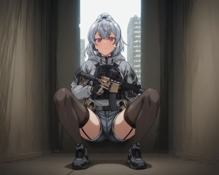 and a fleshy, glamorous figure。 with short silver hair tied in a ponytail with a navy hair band 、 red eyes。The expression of pleasure 。equipped with black tactical armor over a gray hooded jacket、gray denim shorts over thigh-length stockings with a black g...