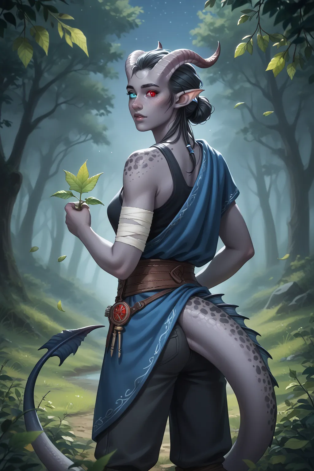 (Cedar tree is tall next to it), (1 adult Tiefling girl,  dark blue-gray skin :1.7), (35 years old:1.5), (One:1.3), (a curl of medium-length black straight hair covers the right eye:1.4), (holds various herbs with spiky, straight long leaves:1.4), (looks t...