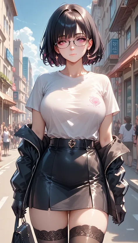 A city full of light spirits on a beautiful night: a thick, alluring woman with perfectly round breasts, an enticing physique, a closed mouth, a warm gaze, wearing smart black glasses, with pink eyes and short black hair. She dons a black jacket over a whi...