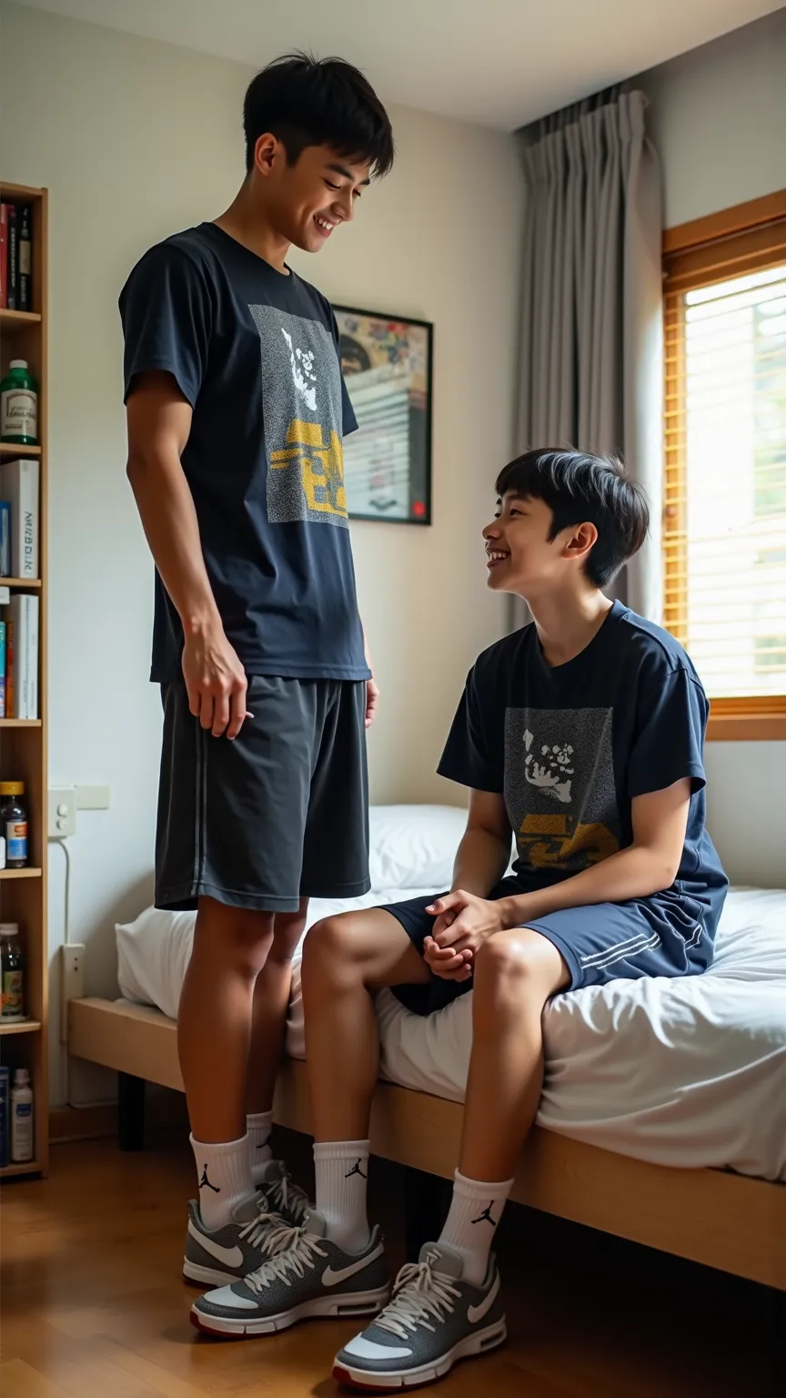 At just , this handsome Japanese boy towers over everyone, even the youth basketball coach, who stands at **6 feet tall**, making him seem almost short by comparison. His impressive height nearly brushes the ceiling of his room, requiring him to duck when ...