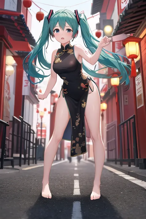 ((best quality)), ((masterpiece)), (detailed),1 girl。 Hatsune Miku。(moving composition)。Serious expression。Chinatown。china dress。Fighting pose。Stand with your feet apart。