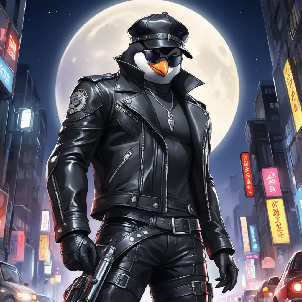 Closeup, Watercolor, an extremely badass anthropomorphic penguin wearing an insanely cool black leather biker jacket open, black leather biker hat, black shirt, black leather biker biker pants, black sunglasses, giving it a cool, edgy appearance, in the ci...