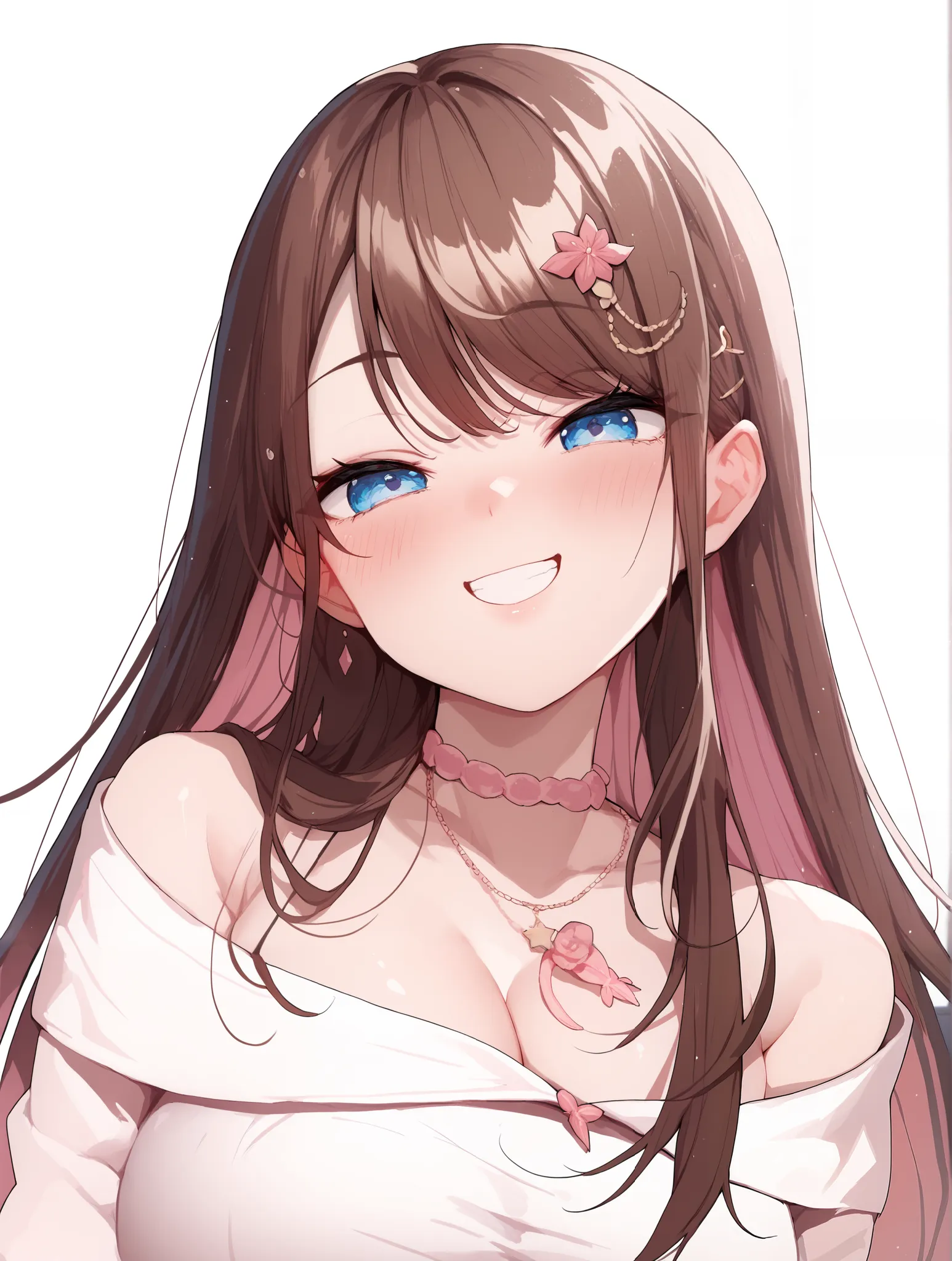 brown hair mixed with pink, sea blue eyes, anime, blush, light coy smile, huge boobs, cleavage, hair accessory, room, bed, window,  