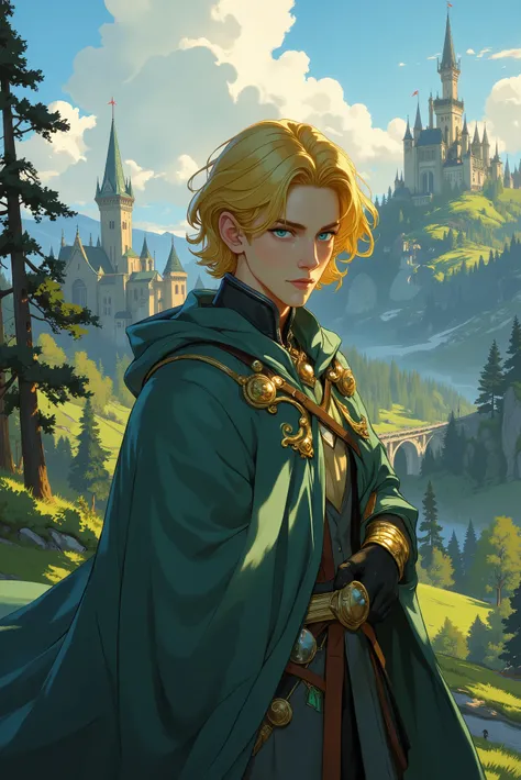 blond man. adult. high. anime. Medieval knitted clothing. Fantasy
