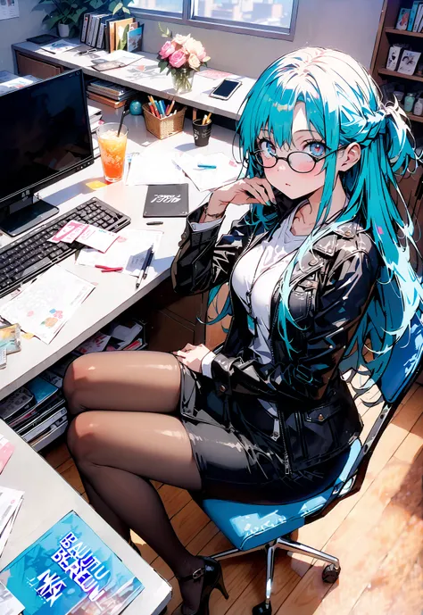 score_9, score_8_up, score_7_up, source_anime, Asuna Yuki , long hair, Hair,brown eyes, bangs,Medium breast,,half updo, suit, pencil skirt, jacket, shirt,black pantyhose,Stiletto Heels,Glasses, sitting on a chair with legs crossed, Interior , comput...