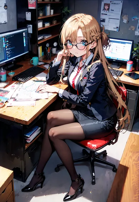 score_9, score_8_up, score_7_up, source_anime, Asuna Yuki , long hair, Hair,brown eyes, bangs,Medium breast,,half updo, suit, pencil skirt, jacket, shirt,black pantyhose,Stiletto Heels,Glasses, sitting on a chair with legs crossed, Interior , comput...