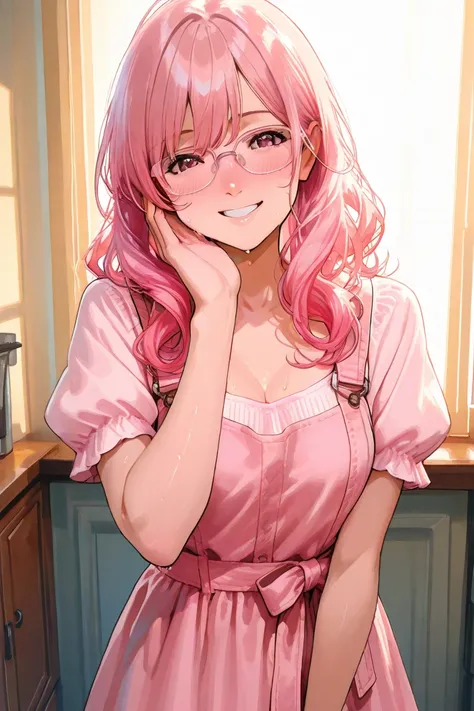  Japanese。maxi dress。 pink hair, clear,smile,Date,Glasses,sweat,Flushing,happy, looks good,Cutesy,Private room