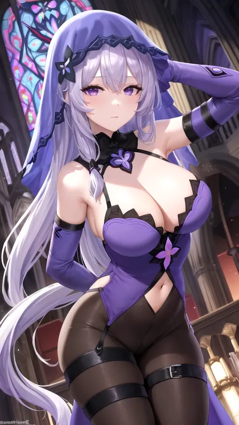 Masterpieces, Best Quality, girl, looking at viewer, black swan, hair between eyes, long hair, (purple eyes:1.1), very long hair, white hair, arm belt, bare shoulders, cleavage, covered navel, dress, elbow gloves, gloves, purple dress, sleeveless, sleevele...