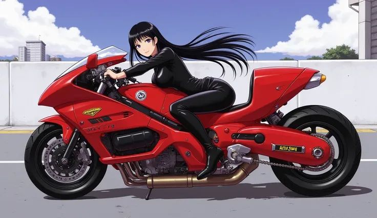 akira slide 、 blackwidow 、uniform,  black hair,  long straight hair、 holding and wearing a picture of elegant hair  、Akira bike 、 is anatomically correct、 highway、 high resolution、 better image quality、 Largest masterpiece、