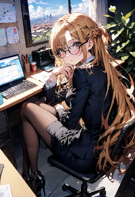 score_9, score_8_up, score_7_up, source_anime, Asuna Yuki , long hair, Hair,brown eyes, bangs,Medium breast,,half updo, suit, pencil skirt, jacket, shirt,black pantyhose,Stiletto Heels,Glasses, sitting on a chair with legs crossed, Interior , comput...