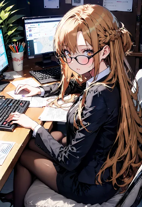 score_9, score_8_up, score_7_up, source_anime, Asuna Yuki , long hair, Hair,brown eyes, bangs,Medium breast,,half updo, suit, pencil skirt, jacket, shirt,black pantyhose,Stiletto Heels,Glasses, sitting on a chair with legs crossed, Interior , comput...
