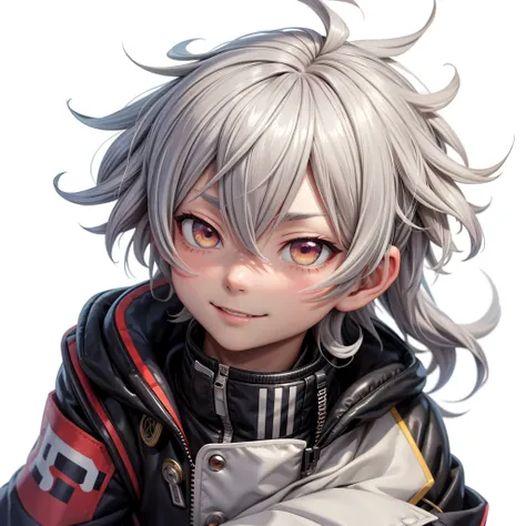 Close-up of a man with grey hair and wearing a black jacket, Nagito Komaeda, Hajime Yatate,   Soejima Shigenori  , Genshin Impactのキャリング, Portrait of Tan Red, Masamune Shirow, clear and vivid RPG portrait, makoto shinka, Wataru Kajika ,  Mischievous Smile, ...