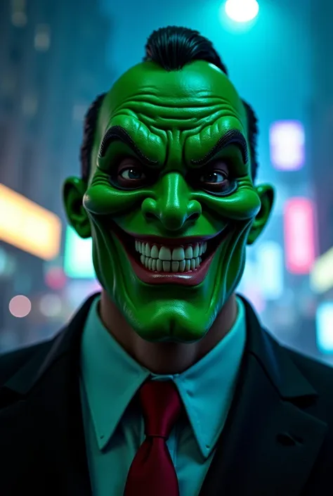 An ultra-realistic cinematic image of an unprecedented villain from the universe of "The mask ", inspired by the style of the movie by Jim Carrey. The character has a vibrant green face with exaggerated features and evil expressions, highlighting a wide an...