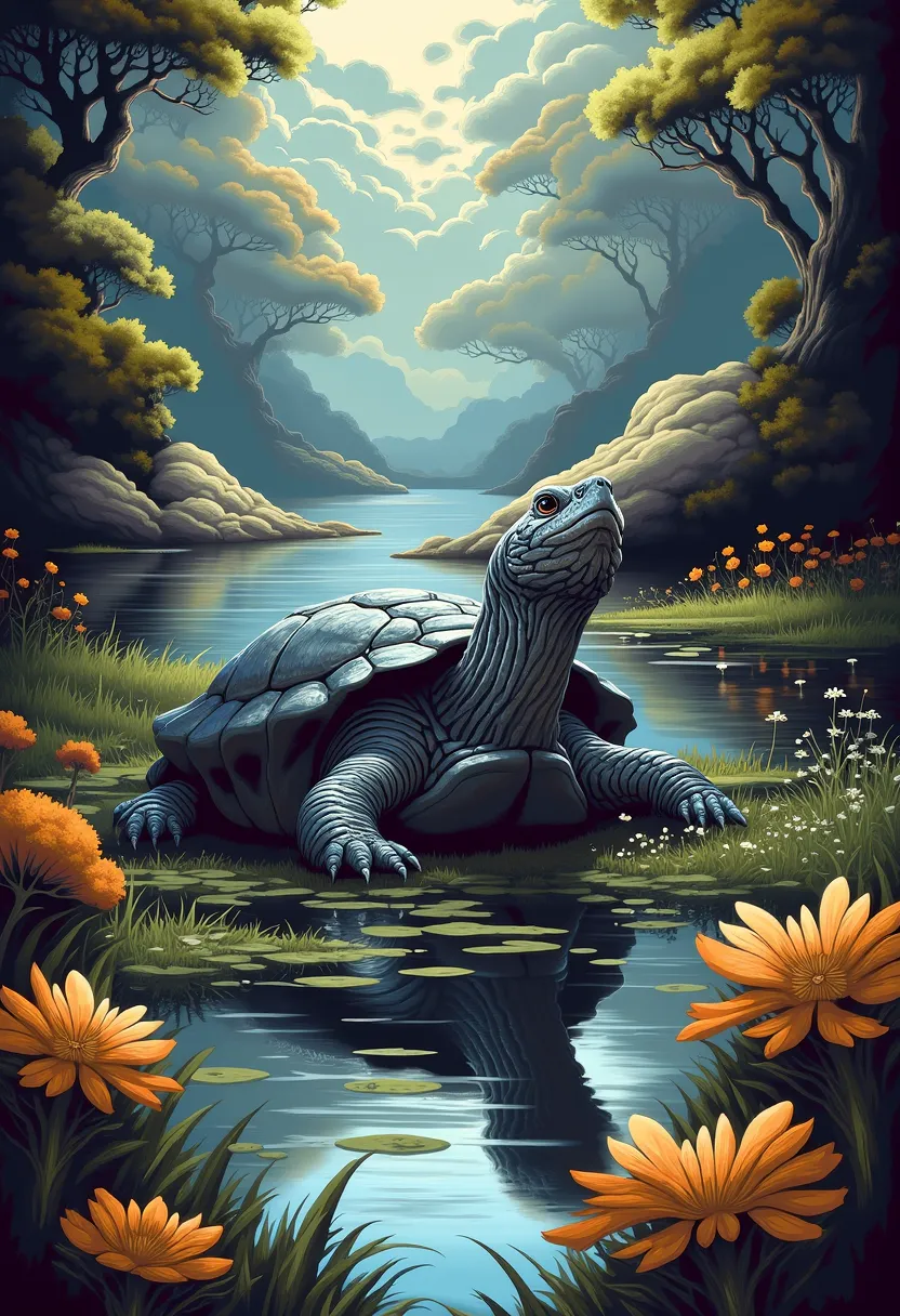 Northern snapping turtle with black gray and gray-white color palette	, river