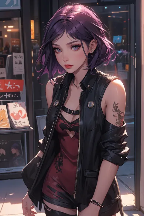 1girl,a beautiful fashion model ,(masterpiece, detailed background, best quality), short and shiny hair, dark purple hair,smirk,juicy lips,red lips, slutty street clothes, stripping, elegant makeup, exhibitionism, chloe price, alt girl, black tattoos