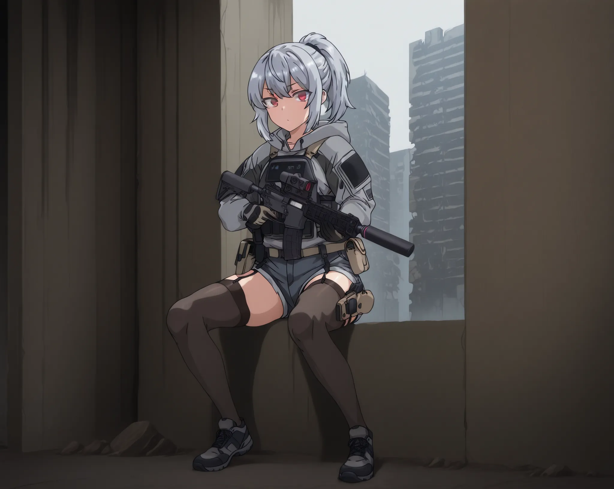 and a fleshy, glamorous figure。 with short silver hair tied in a ponytail with a navy hair band 、 red eyes。The expression of pleasure 。equipped with black tactical armor over a gray hooded jacket、gray denim shorts over thigh-length stockings with a black g...