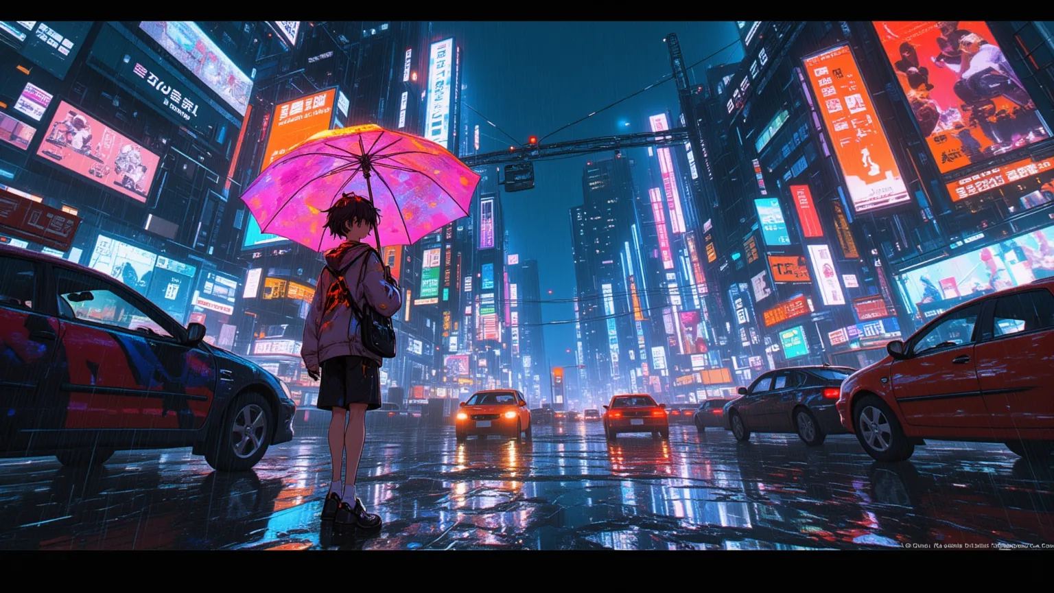 Trained Anime , Boy, Standing in Rain, holding umbrella, Cyberpunk, City, Streets, Cars, Road, Water, puddles, Neon Signs