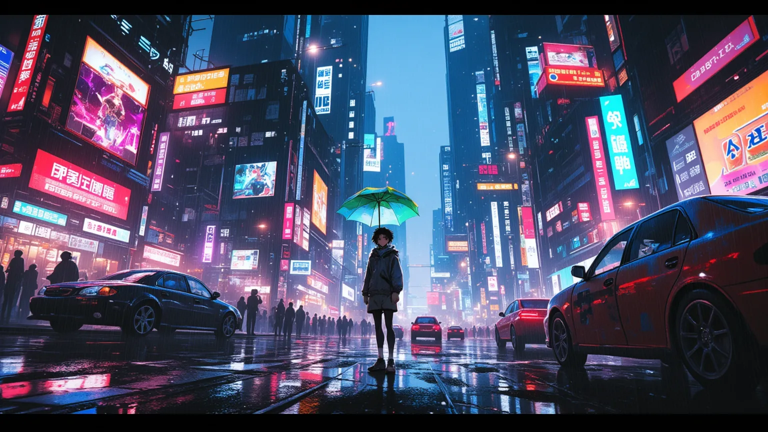 Trained Anime , Boy, Standing in Rain, holding umbrella, Cyberpunk, City, Streets, Cars, Road, Water, puddles, Neon Signs