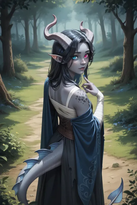 (Cedar tree is tall next to it), (1 adult Tiefling girl,  dark blue-gray skin :1.7), (35 years old:1.5), (One:1.3), (a curl of medium-length black straight hair covers the right eye:1.5), (puts his hand to close his eye:1.4), (view from afar from above fro...