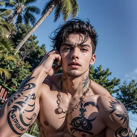 arafed man with a chain on his neck and a tattoo on his arm, inspired by Luca Zontini, zyzz, liam brazier and nielly, profile image, shirtless, profile pic, adam, by Ludovit Fulla, mid-shot of a hunky, by Adam Dario Keel, christian cline, his palms are swe...