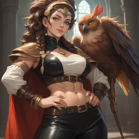 a muscular woman.  with brown hair,  wavy and long , she has heterochromia, one eye being green and the other brown, she wears leather clothes and the blouse is short,  showing the belly. she wears leather bracelets and headpieces, white and brown feather ...