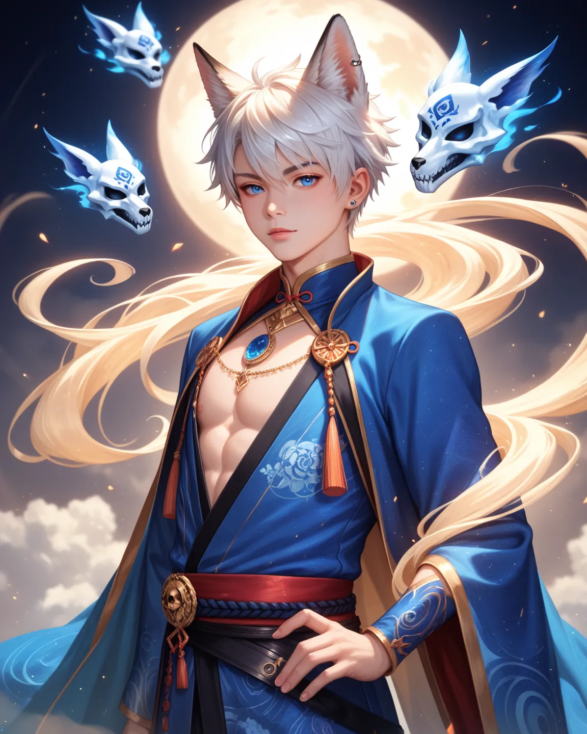  A boy, white hair,  fox ear, wolf skull mask, black and blue kimono