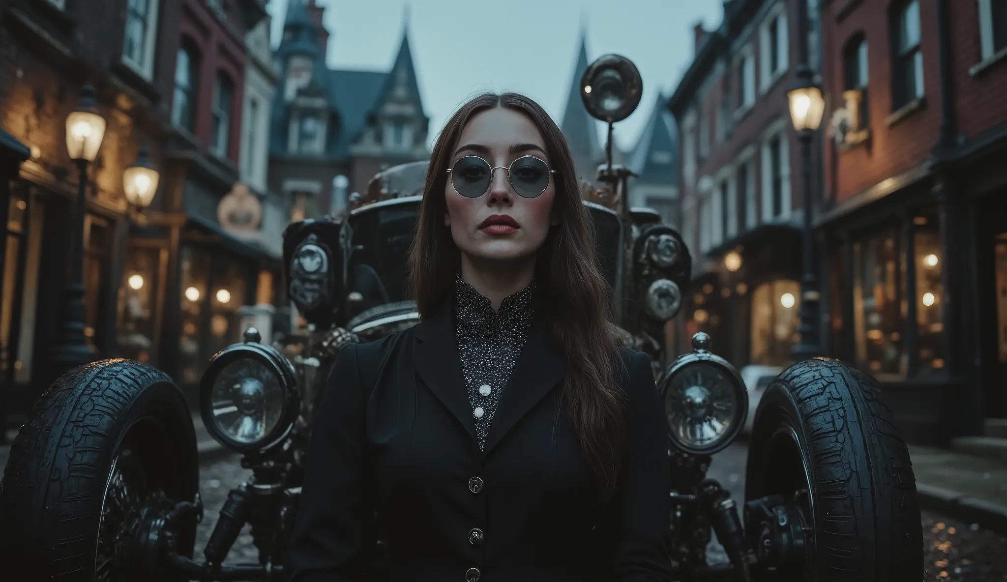 An ultra-realistic and cinematic shot of a beautiful woman in aviator glasses, standing proudly in front of an advanced steampunk-inspired vehicle. The backdrop features a well-lit Victorian street, it's getting dark. The lighting is soft but intense, high...