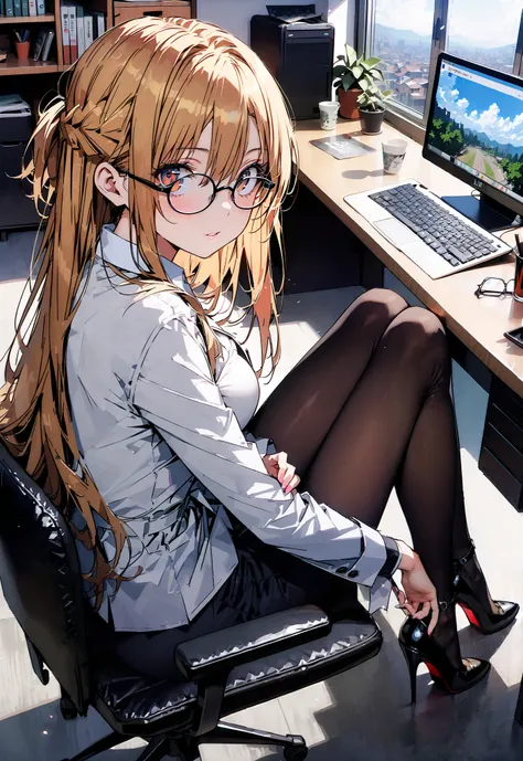 score_9, score_8_up, score_7_up, source_anime, Asuna Yuki , long hair, Hair,brown eyes, bangs,Medium breast,,half updo, suit, pencil skirt, jacket, shirt,black pantyhose,Stiletto Heels,Glasses, sitting on a chair with legs crossed, Interior , comput...