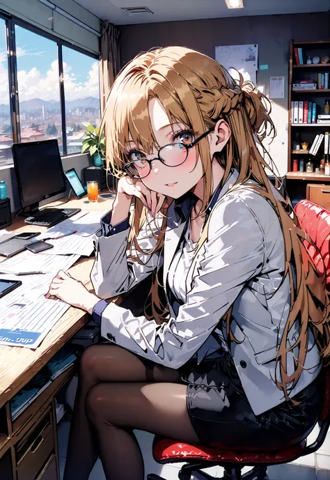 score_9, score_8_up, score_7_up, source_anime, Asuna Yuki , long hair, Hair,brown eyes, bangs,Medium breast,,half updo, suit, pencil skirt, jacket, shirt,black pantyhose,Stiletto Heels,Glasses, sitting on a chair with legs crossed, Interior , comput...