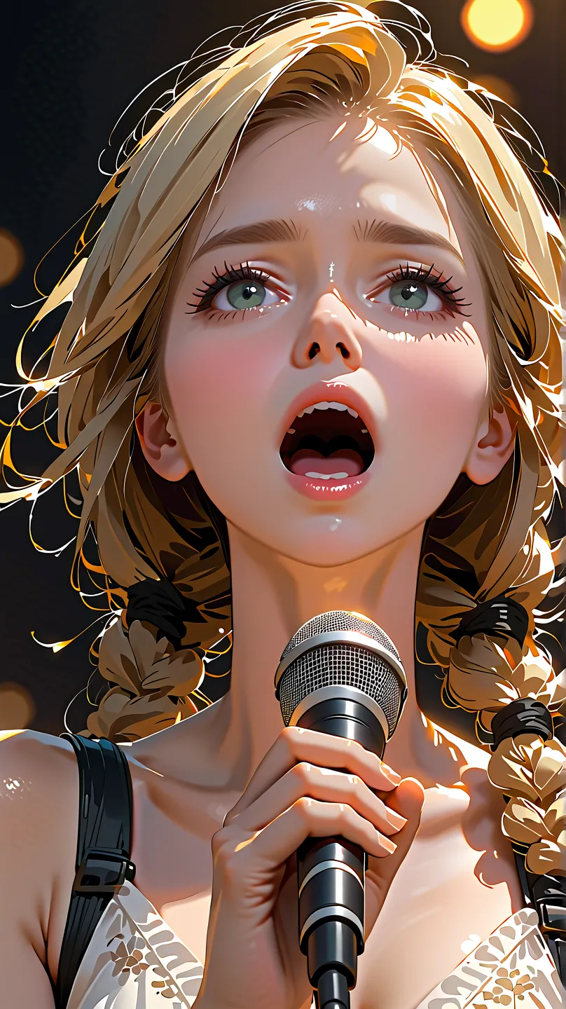 Blond girl singing with microphone, double braids, chest,  lips, high definition, accurate, high definition model, high detail, quality, 最高quality, facing the front