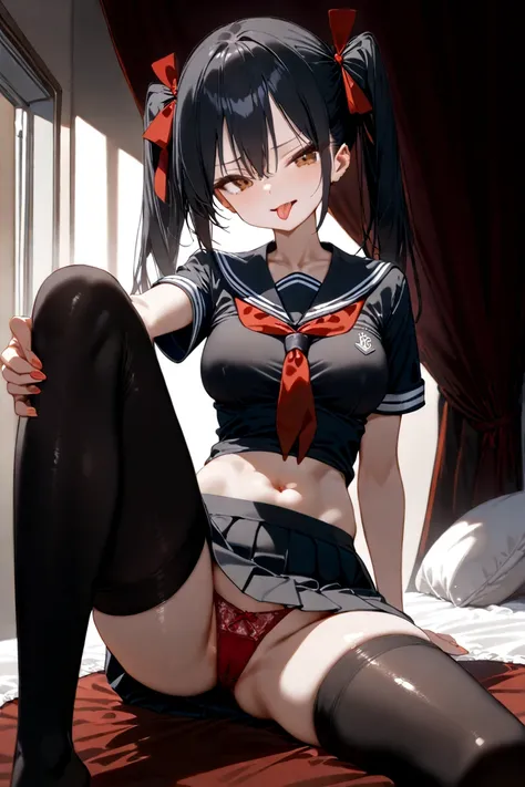 BEST QUALITY, ULTRA DETAILED, PERFECT ANATOMY, HIGH DEFINITION, INTRINCATED DETAILS, ALONE, 1girl, short stature, slender, medium breasts, medium black hair, twintails hair, brown eyes, sailor shirt, black shirt with red details, pleated skirt, black skirt...