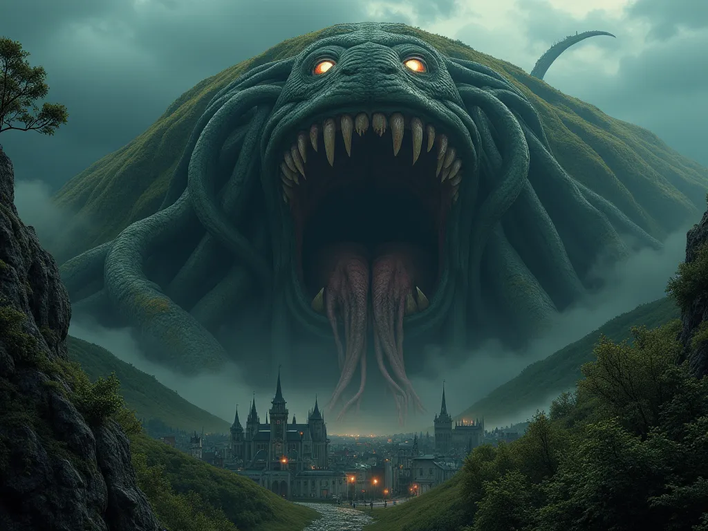  Lovecraft . Geger. Elden ring. A huge mouth formed in the ground with teeth higher than trees. medieval houses and cities fall into it. A huge creature with lots of eyes with lots of thick long legs rises into the clouds above the tiny medieval town below...