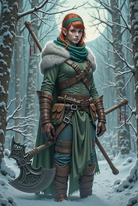 Gray skin, Muscular female elf, short red hair with white bangs. Wearing full winter gear, leather armor, green scarf. Carrying a part greataxe. Snowy forest, moonlight, aurora borealis