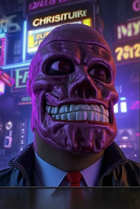 An ultra-realistic cinematic image of an unprecedented villain from the universe of "The mask ", inspired by the style of the movie by Jim Carrey. The character has a face with a vibrant purple mask, giving a darker and more mysterious tone, with exaggerat...