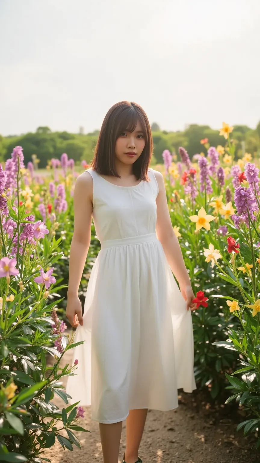 "A cute Japanese woman walking in a beautiful flower field, with vibrant flowers surrounding her. The flowers, in shades of pink, purple, and yellow, enhance her cuteness, making her appear even more charming and graceful. She has long, dark hair, a gentle...