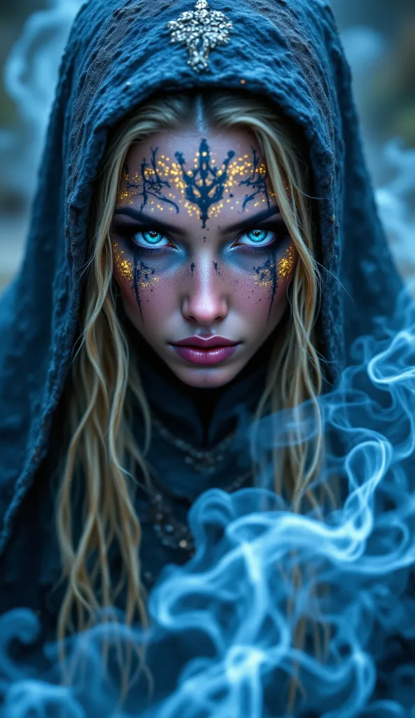 "Close-up of a powerful Viking warrior with stormy gray eyes, emerging from thick blue and silver smoke. Her face bears the scars of past battles, and her blonde braids, woven with golden threads, shimmer under the diffused light. The smoke swirls around h...