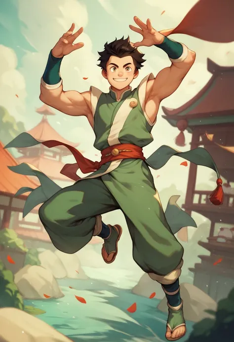  male, young adult, athletic build medium length messy hair, smile, air nomad style clothes from Avatar the last airbender, full body, anime art style