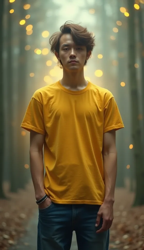 Standing facing forward with a yellow t-shirt without logos or designs, blue jeans, magical atmosphere, the t-shirt must be completely visible