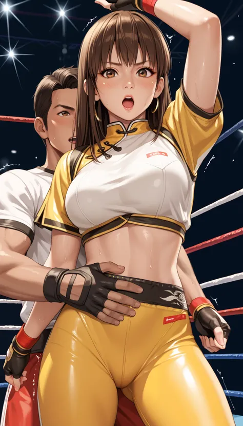 LeiFangDOA, brown hair, (long brown straight hair:1.4), crop top, yellow leggings, short sleeves, fingerless gloves, breasts, looking at viewer, armpits, Man’s one hand holding her arms and other arm wrapping around the her waist:1.8, Man attacks from behi...