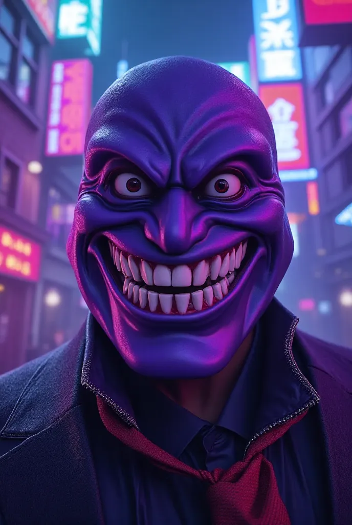 An ultra-realistic cinematic image of an unprecedented villain from the universe of "The mask ", inspired by the style of the movie by Jim Carrey. The character has a face with a vibrant purple mask, giving a darker and more mysterious tone, with exaggerat...