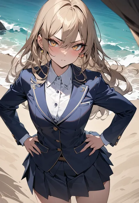 ((Greatest Masterpiece,super high quality:1.2)),(super resolution),(solo),cowboy shot, sandy beach,Slender high school girl standing with hands on hips, beautiful face,Light brown long hair,perfect golden eyes,stares, serious expression, high quality dark ...