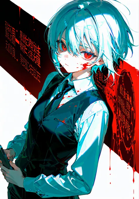 a young girl wearing a blood stained shirt holding up a phone with a red screen on it with a text onscreen reading the line, outcall, blood, white hair, necktie, blood on clothes, black necktie, shirt, blood on face, short hair, vest, white shirt, 1girl, c...