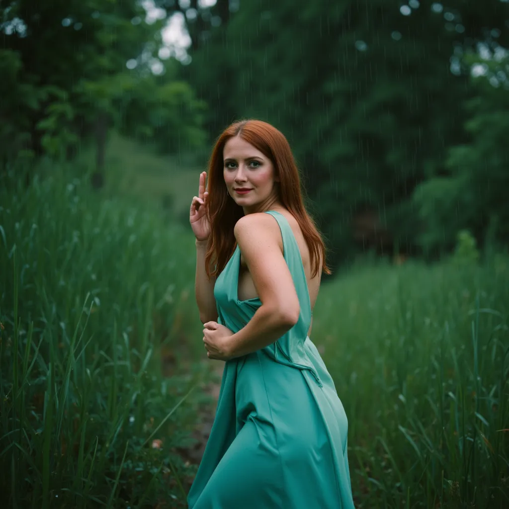 Create a hyper-realistic professional photograph of an 18-year-old woman with a curvy yet elegant physique, fair skin, and long, flowing red hair. She is wearing a stunning, floor-length satin gown in a rich teal-blue shade with thin straps and a subtle ne...