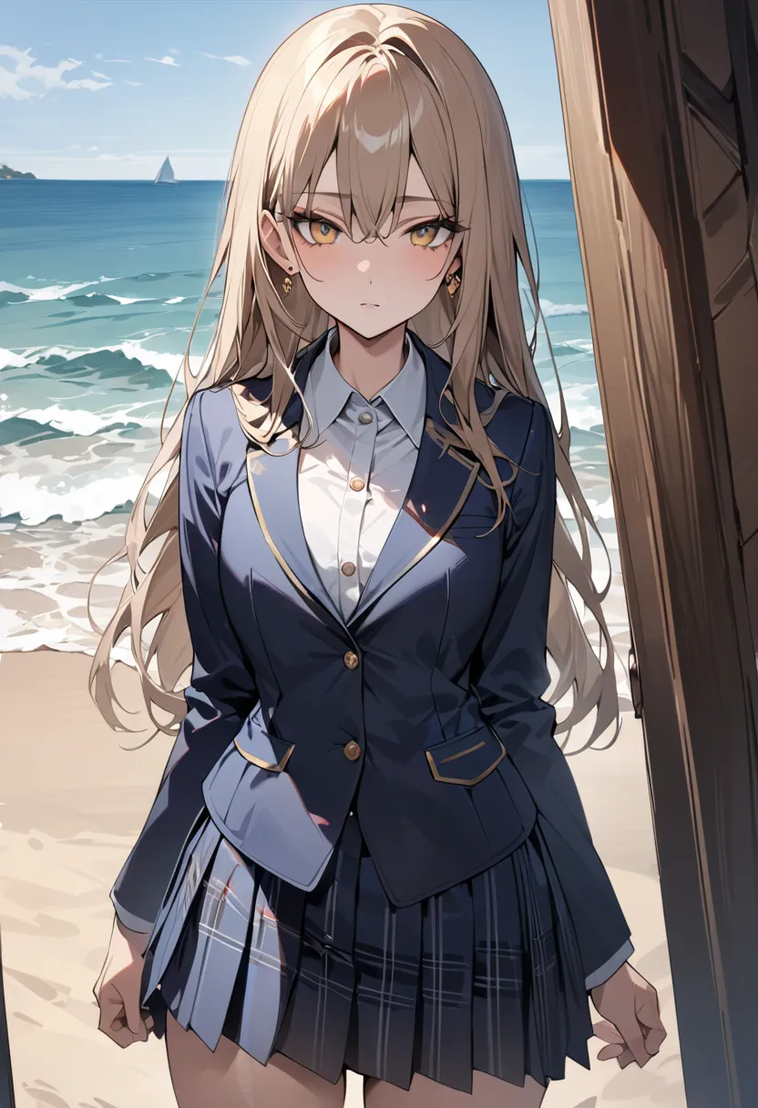 ((Greatest Masterpiece,super high quality:1.2)),(super resolution),(solo),cowboy shot, slender high school girl standing on a sandy beach, beautiful face,Light brown long hair,perfect golden eyes,stares, expressionless, high quality dark blue blazer ,white...