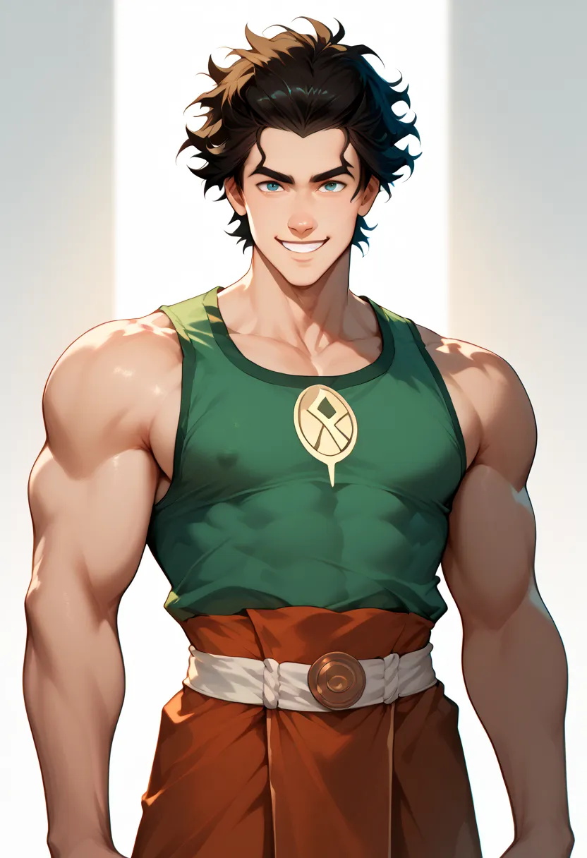  male, young adult, athletic build medium length messy hair, smile, air nomad style clothes from Avatar the last airbender, anime art style